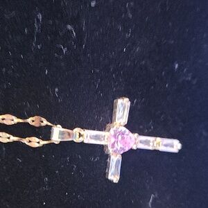 Fashion pink heart inside a cross, necklace. Stainless Steel 18k Gold Plated